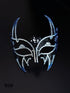 Blue and black horned masquerade mask with rhinestone accents, curved horn points, ribbon ties, and gothic Venetian-inspired styling for formal events.