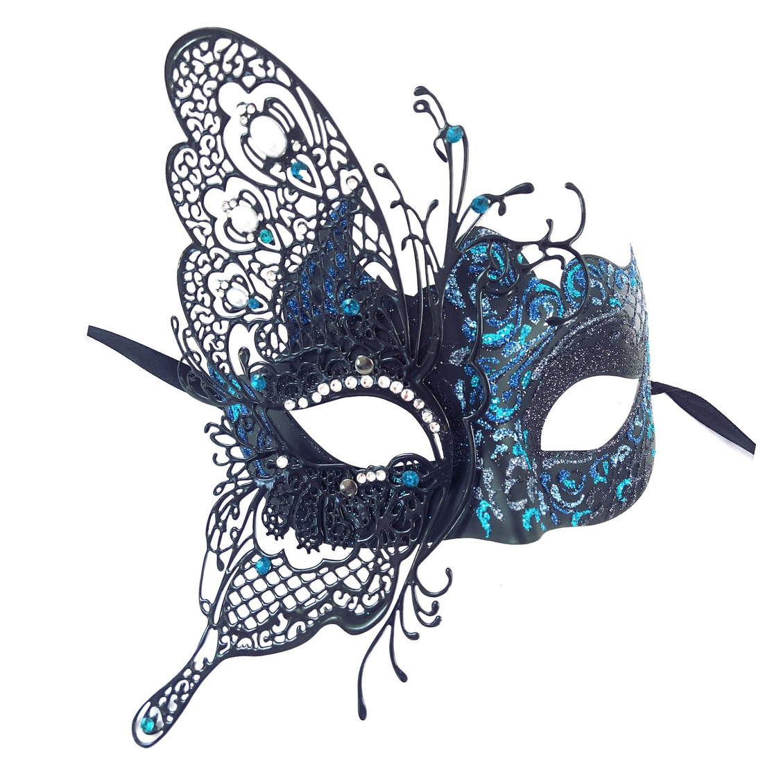Black filigree butterfly masquerade mask with blue glitter and rhinestone details.