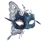 Black filigree butterfly masquerade mask with blue glitter and rhinestone details.