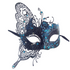 Black filigree butterfly masquerade mask with blue glitter and rhinestone details.