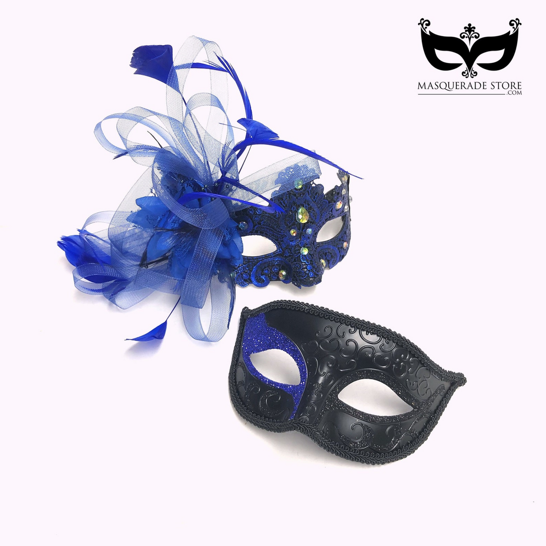 Blue couples masquerade mask set with black glitter men’s mask and royal blue feather rhinestone women’s mask.