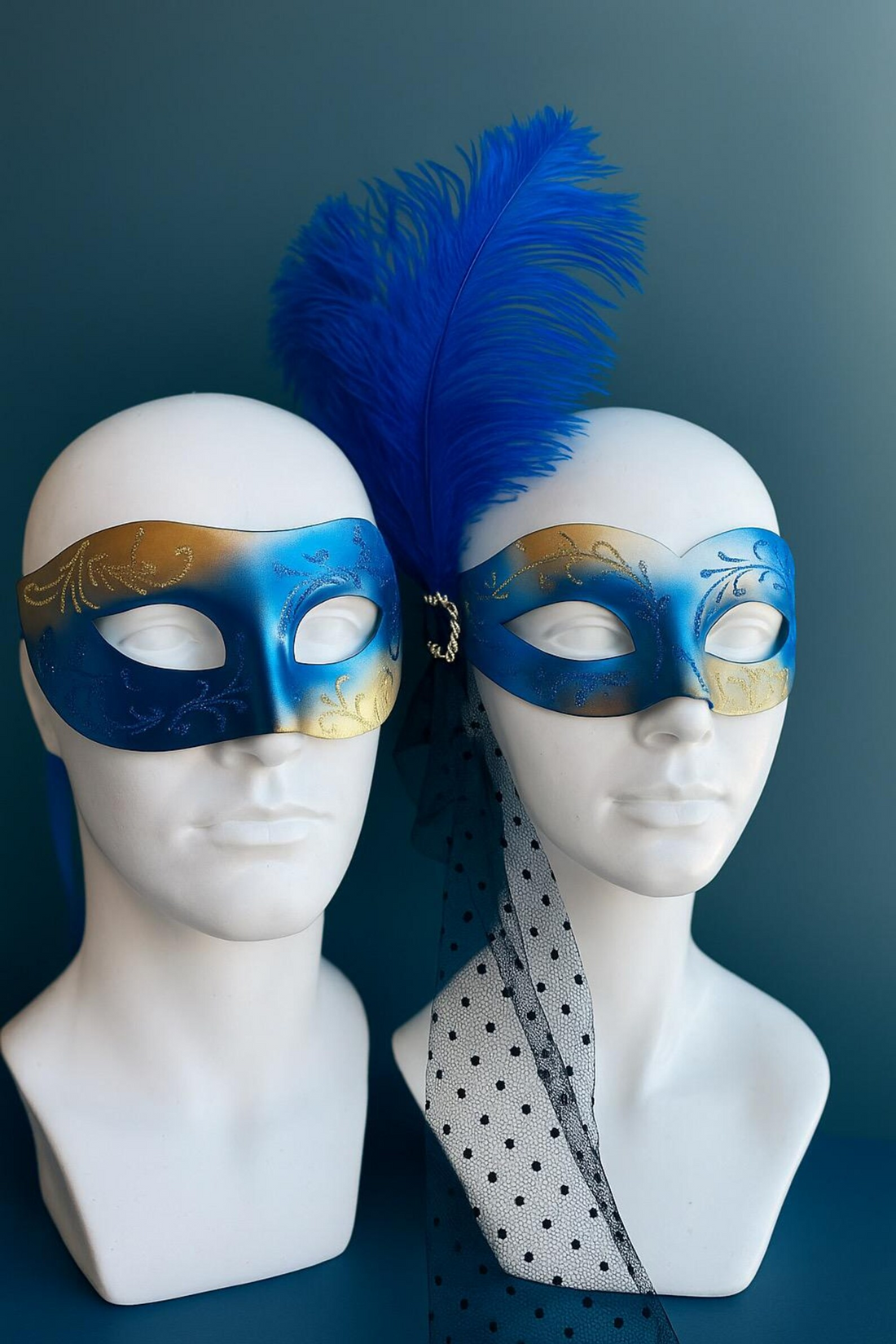 Blue and gold couples masquerade masks, men’s simple design, women’s mask with feather and dotted veil.