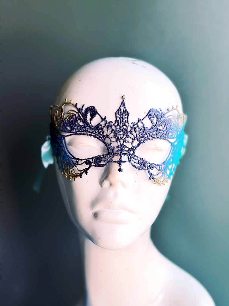 Lightweight blue and gold masquerade mask with intricate metallic lacework