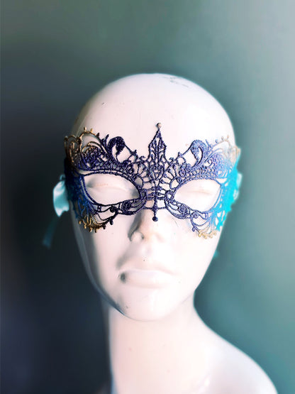 Lightweight blue and gold masquerade mask with intricate metallic lacework