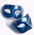 Metallic blue and gold couples masquerade mask set displayed on a white background
