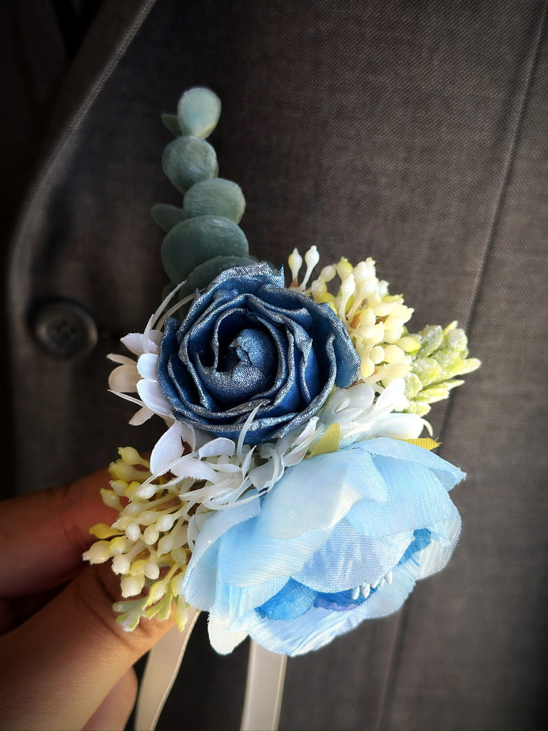 Blue Bloom - Prom Boutonniere & Corsage Set - Masquerade Store Blue Bloom - Prom Boutonniere & Corsage Set - Masquerade Store
