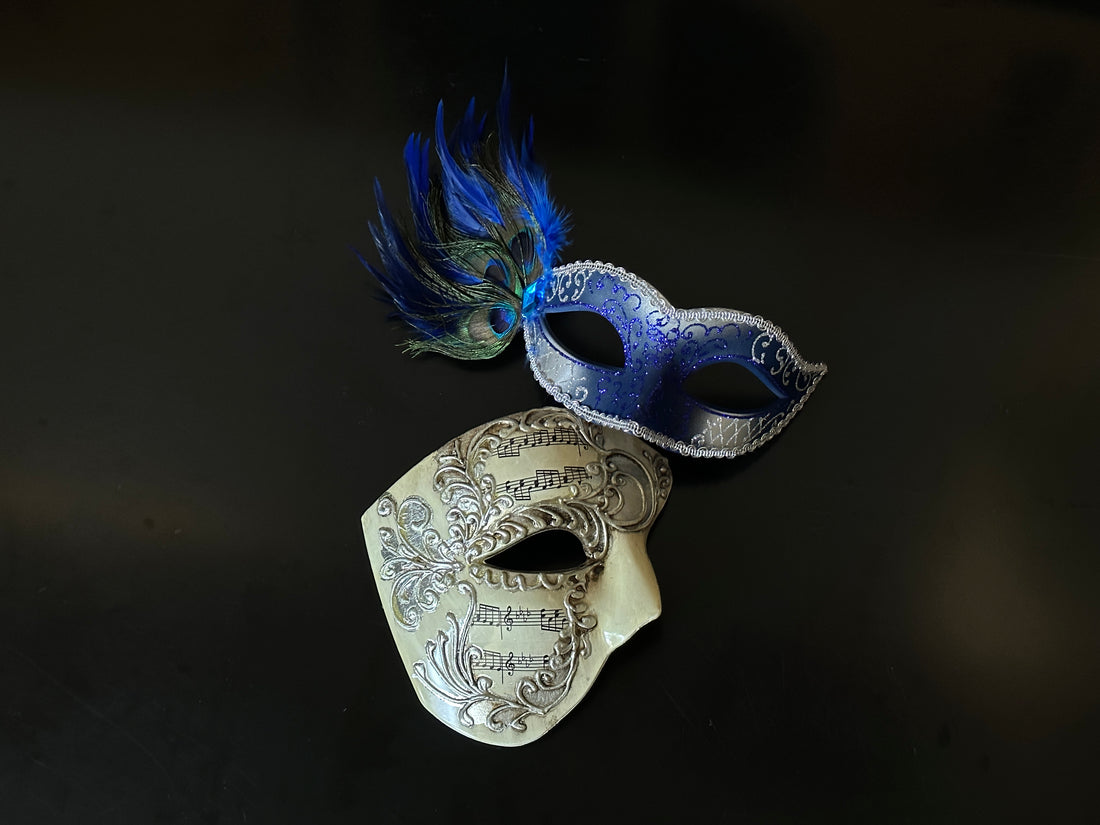 Blue and ivory masquerade couples mask set with peacock feathers and ornate scrollwork, ideal for prom or masquerade events.