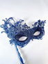 Blue lace masquerade mask with rhinestones and stick handle for masquerade ball or prom.