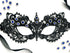Black lace masquerade mask with sapphire blue rhinestones for gala parties and Venetian formal events.