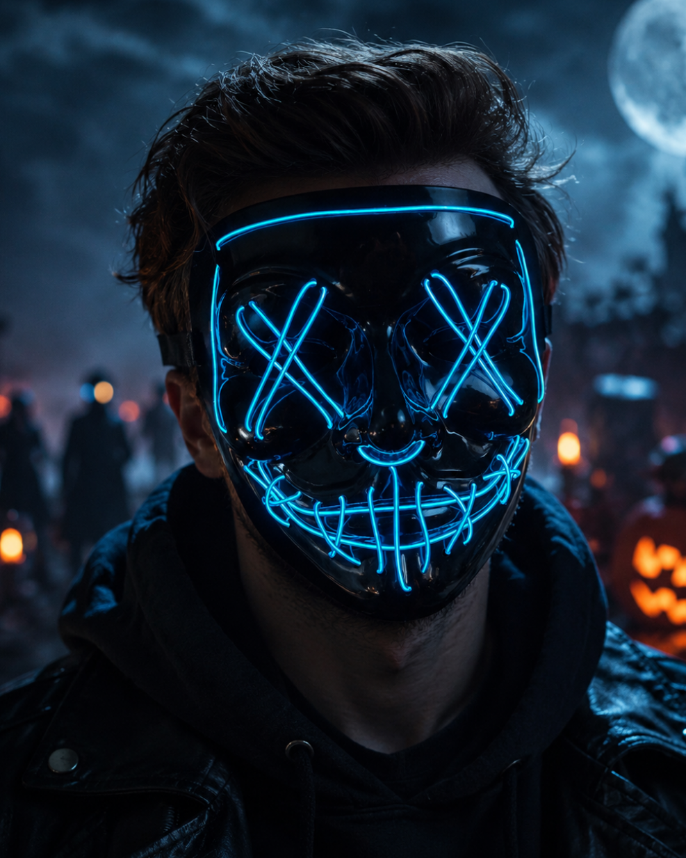 Blue Voltage LED light-up mask with glowing blue X eyes, stitched smile design, full-face shape, replaceable battery, and three lighting settings.