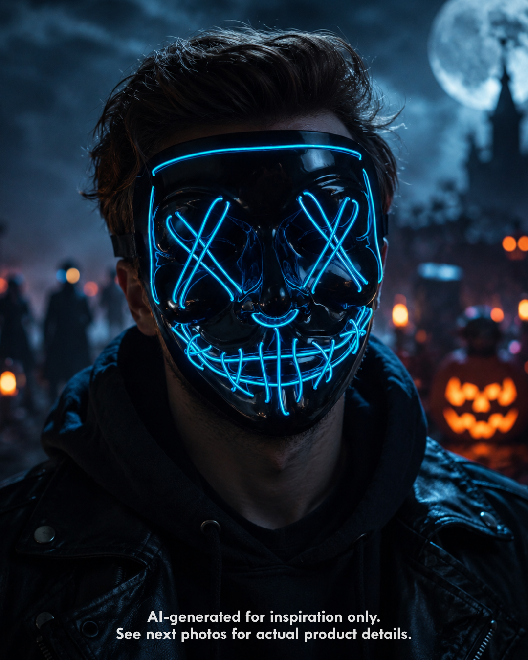 Blue Voltage LED light-up mask with glowing blue X eyes, stitched smile design, full-face shape, replaceable battery, and three lighting settings.