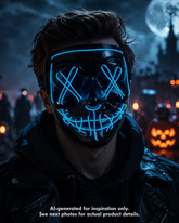 Blue Voltage LED light-up mask with glowing blue X eyes, stitched smile design, full-face shape, replaceable battery, and three lighting settings.