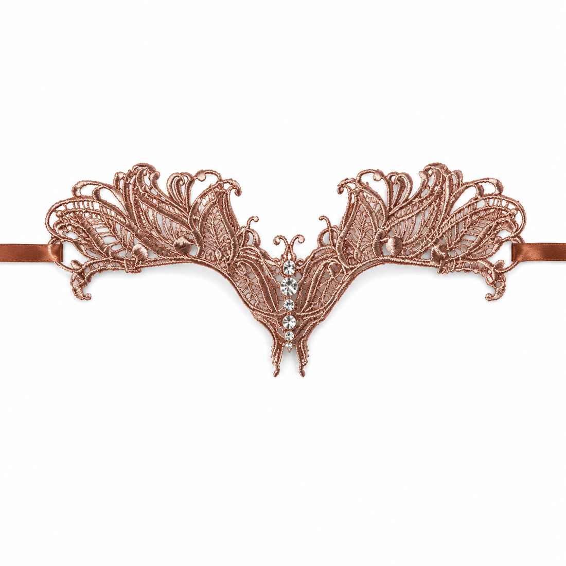 Blush bronze lace masquerade mask with ornate openwork embroidery, crystal rhinestone center accents, and satin ribbon ties for ballroom and formal events.