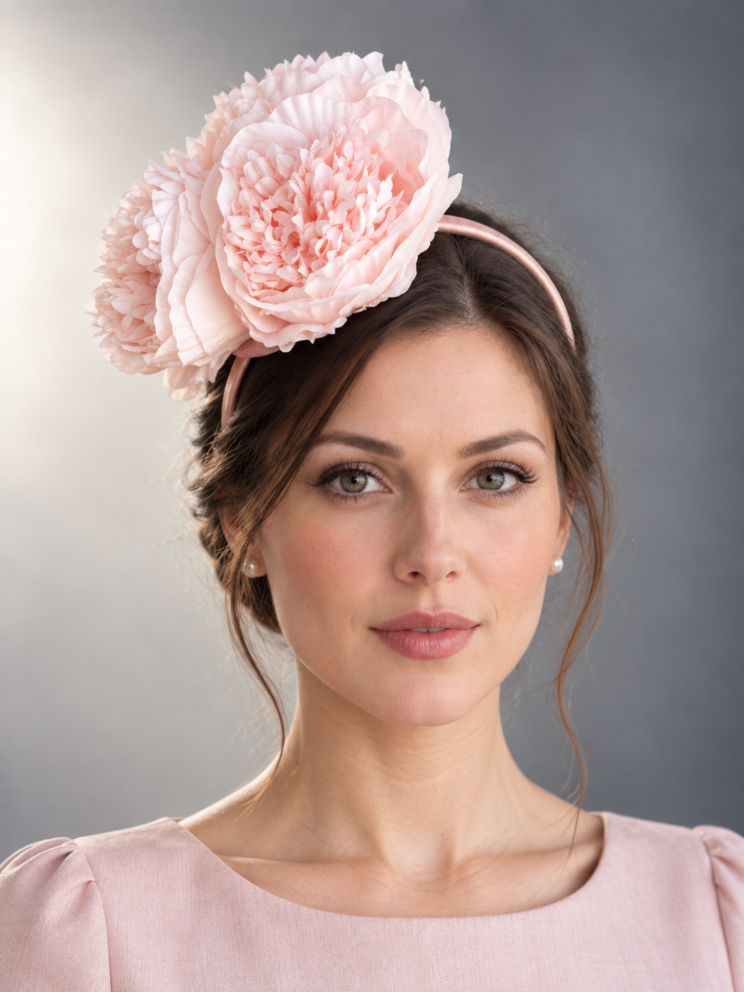 Blush Peony Bloom Fascinator with oversized blush pink peony flowers on a lightweight headband.