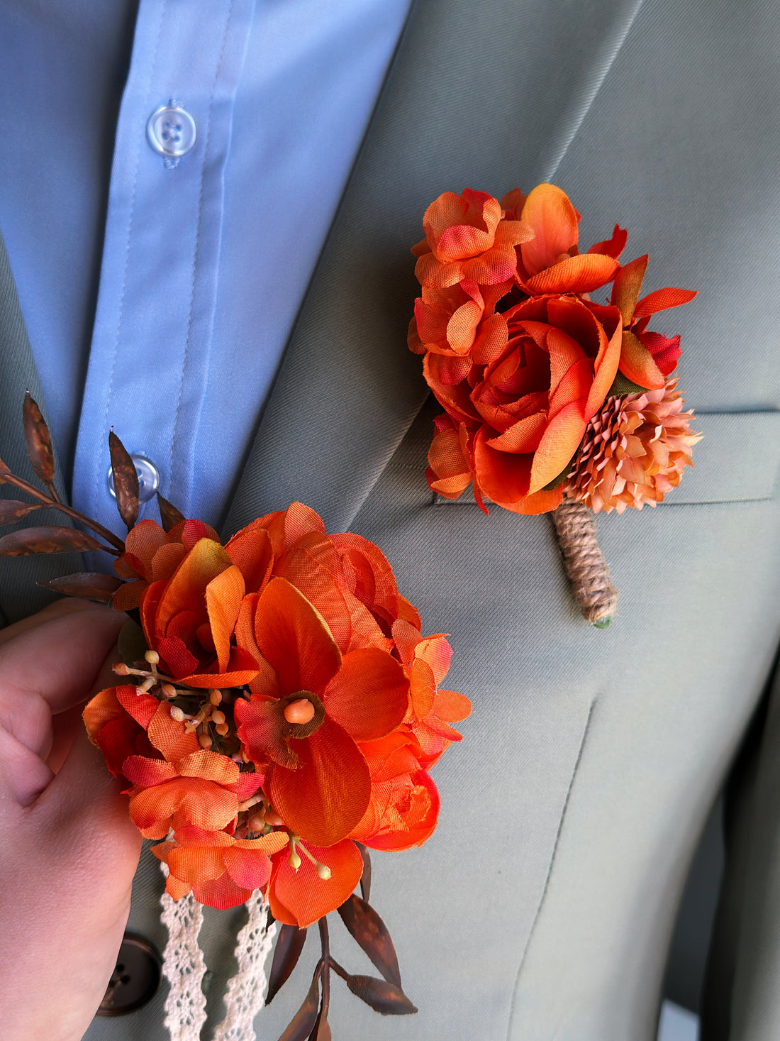 Burnt orange floral boutonniere and corsage set for rustic weddings, prom, and autumn formal events.