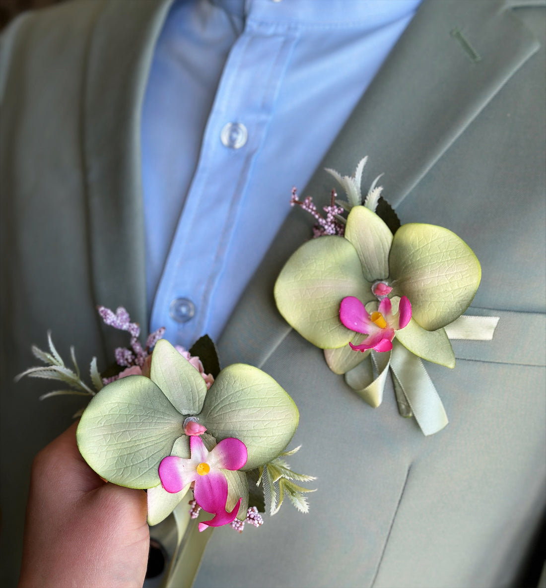 Sage green orchid boutonniere and corsage set for weddings, prom, and garden formal events.