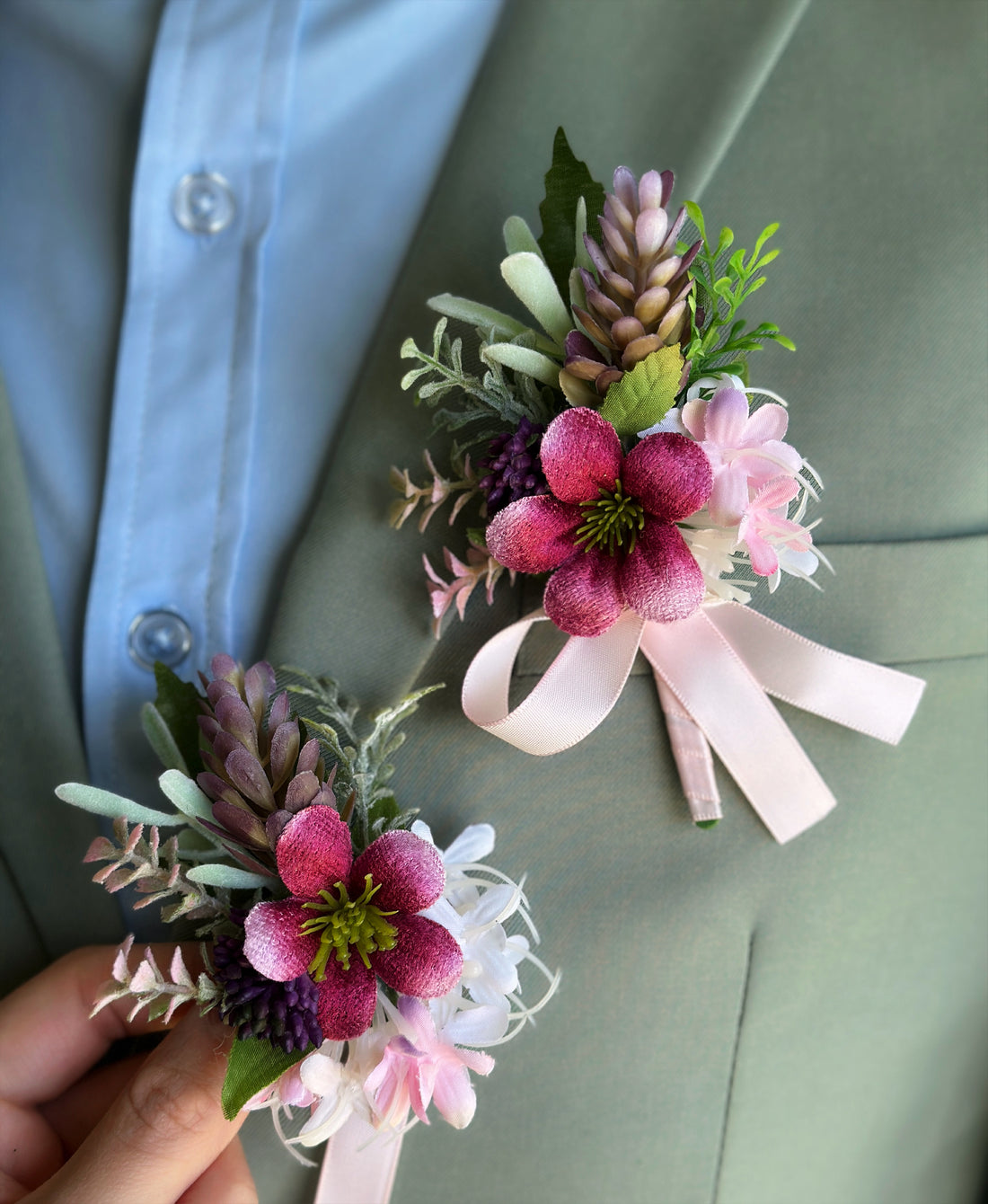 Rose pink and lavender wildflower boutonniere set for weddings, prom, and spring garden formal events.