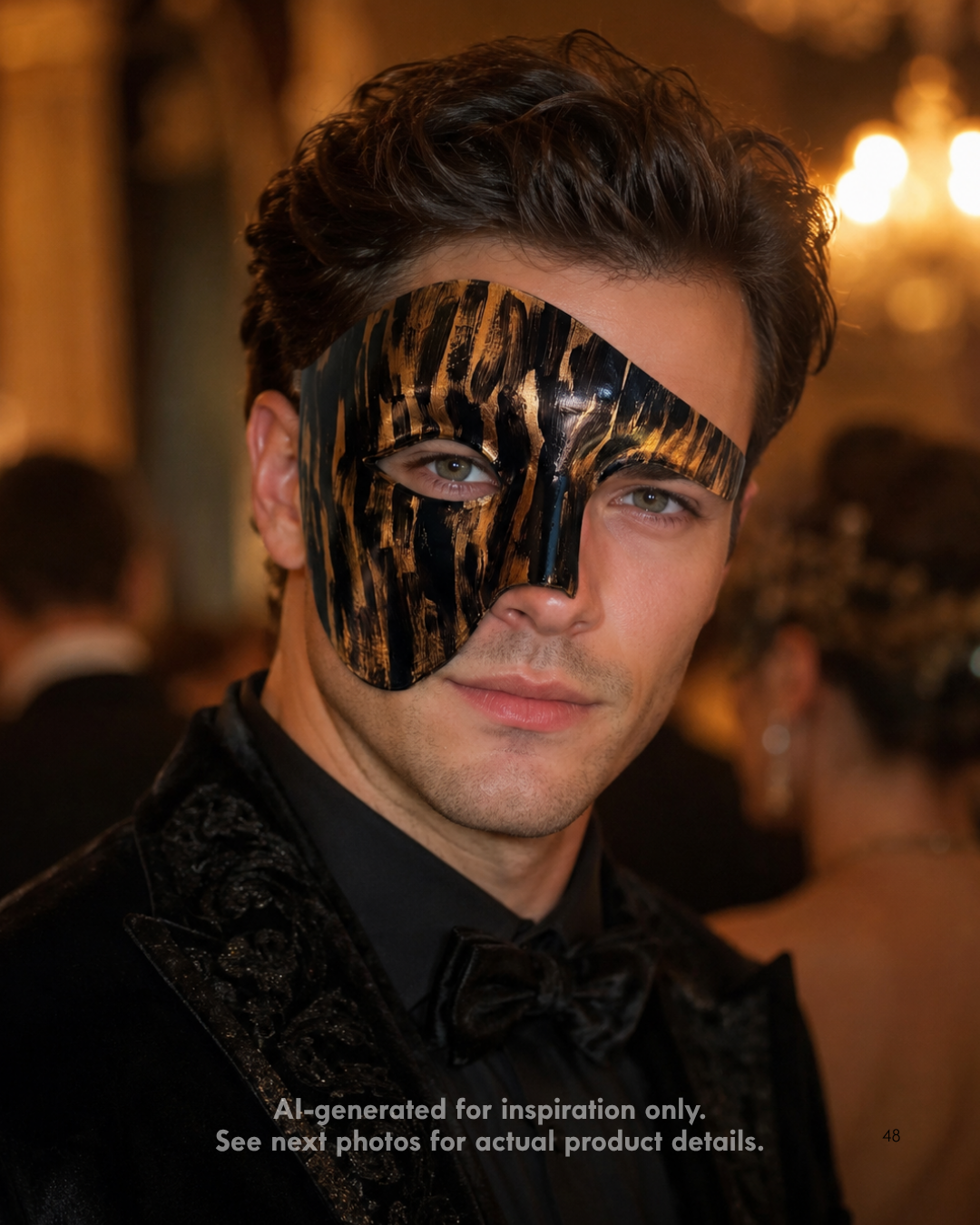 Bronzed Phantom men’s half-face masquerade mask with black and bronze weathered finish, asymmetrical phantom shape, sculpted bridge, and one-eye coverage.