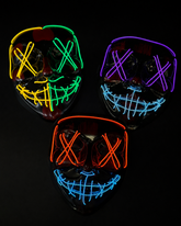 Bulk LED anonymous-style masks with multicolor neon EL wire lighting for Halloween parties, glow events, cosplay, and festivals.