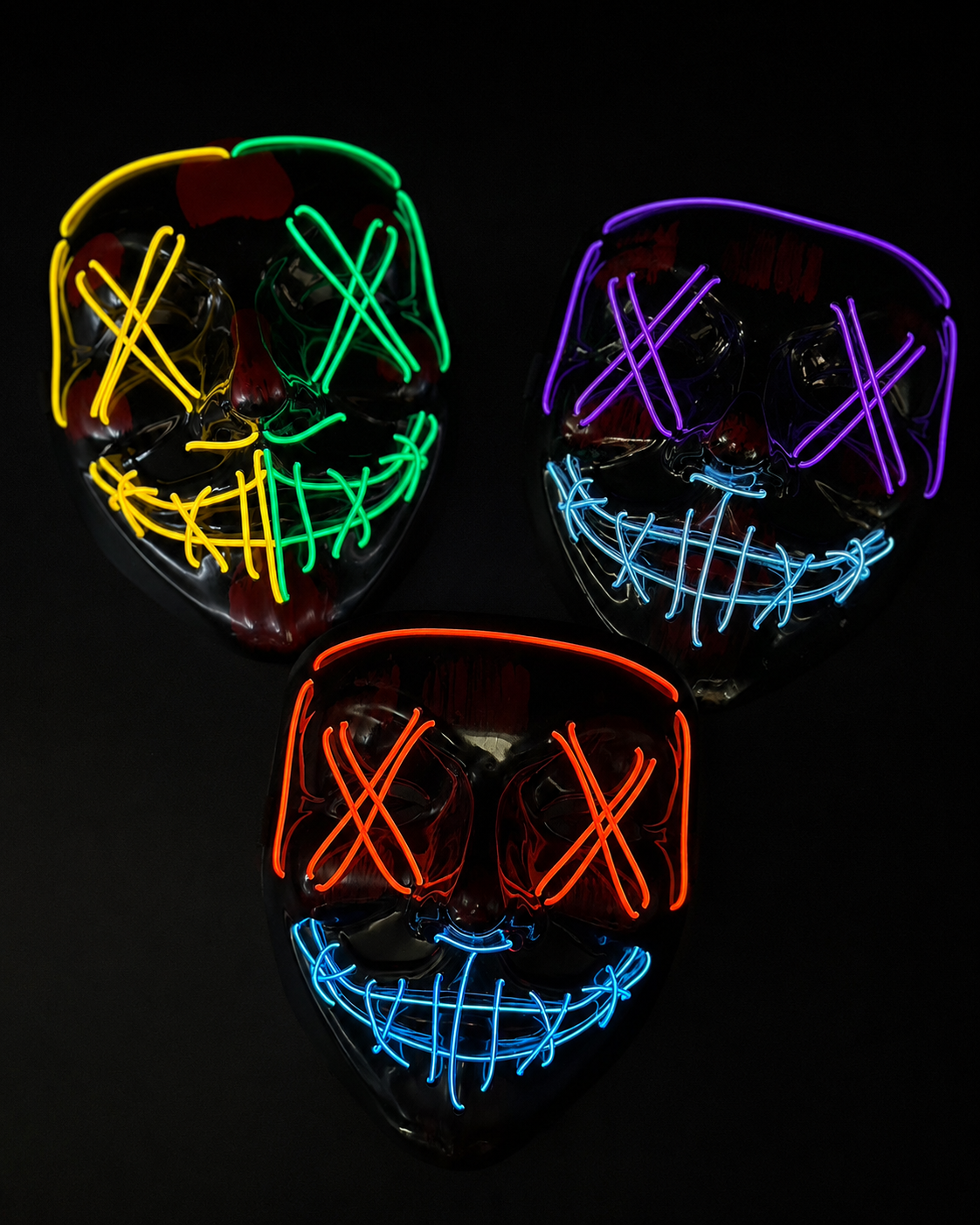 Bulk LED anonymous-style masks with multicolor neon EL wire lighting for Halloween parties, glow events, cosplay, and festivals.