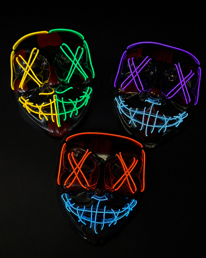 Bulk LED anonymous-style masks with multicolor neon EL wire lighting for Halloween parties, glow events, cosplay, and festivals.