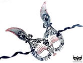 Black bunny ears masquerade mask with pink glitter filigree design.