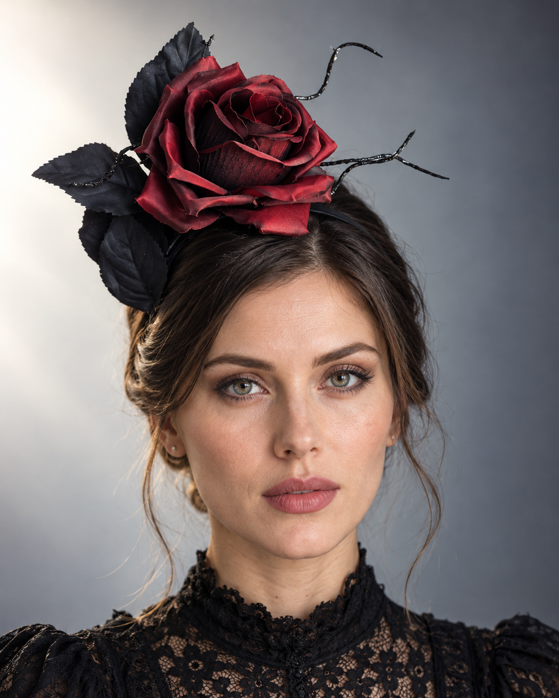 Burgundy Noir Rose Fascinator featuring an oversized dark burgundy rose, black leaves, delicate branches, and slender black headband.