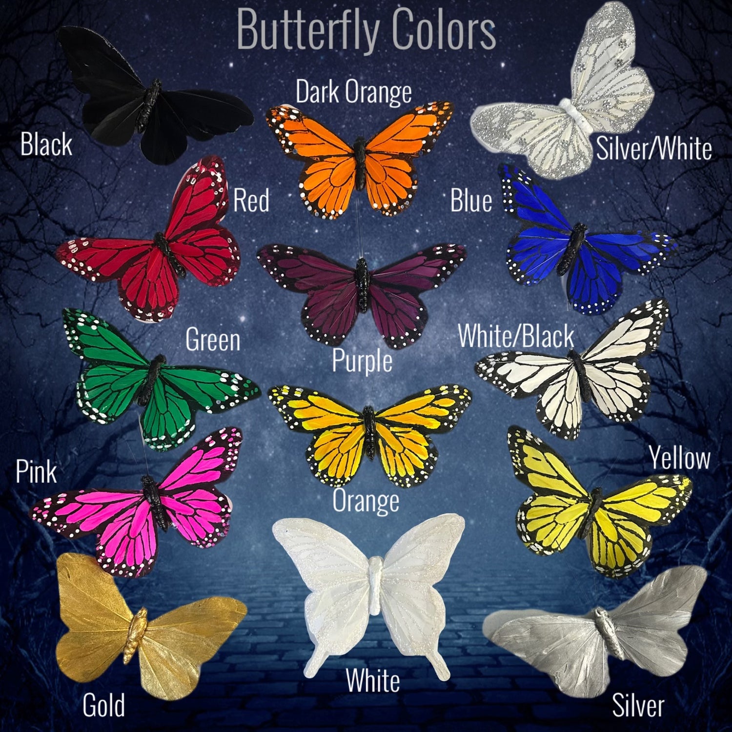 Color guide featuring 13 butterfly colors used for fascinators, costumes, and decor including orange, white, and green