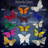 Color guide featuring 13 butterfly colors used for fascinators, costumes, and decor including orange, white, and green