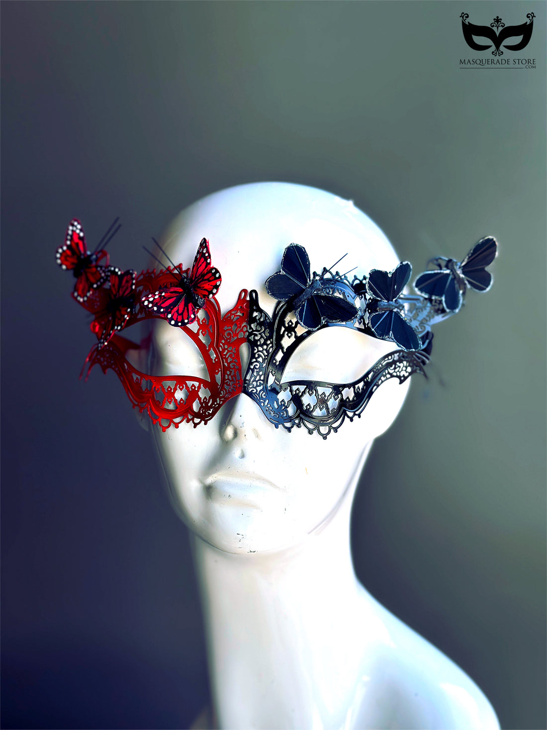 Red and blue butterfly masquerade mask with 3D butterfly accents for women, perfect for Venetian balls and costume parties.