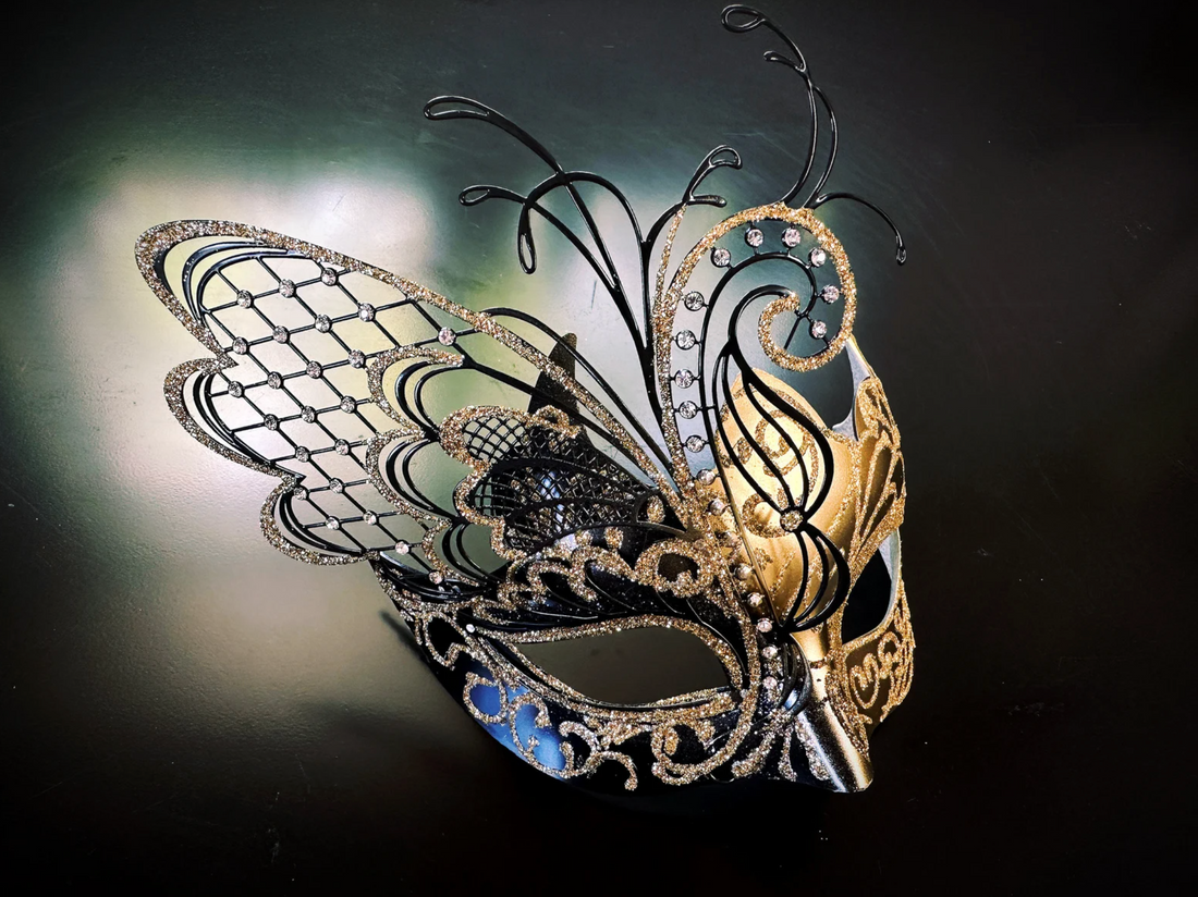 Elegant metal butterfly mask with gold accents for masquerade balls