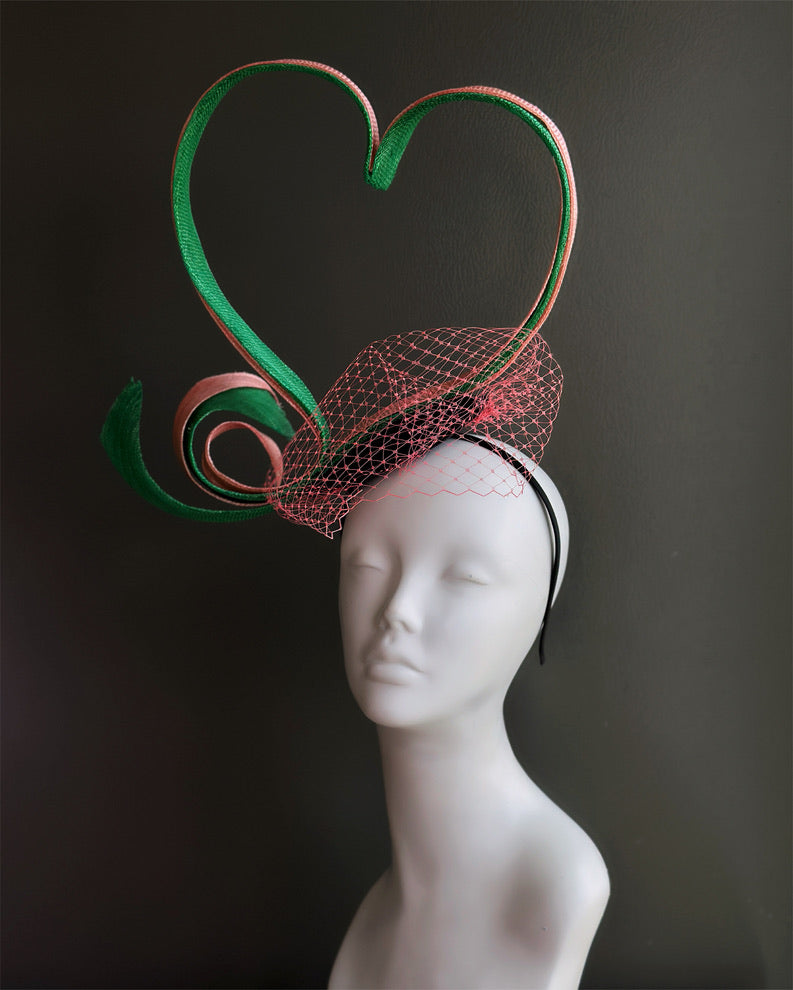 Pink and Green Heart Fascinator Hat