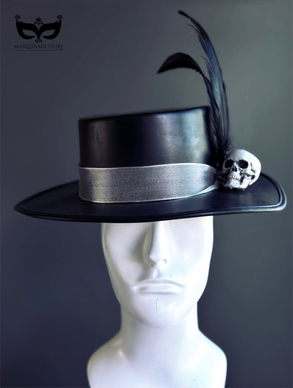 Black Vegan Leather Skull Top Hat