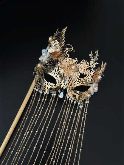 Gold Butterfly Masquerade Mask with Pearl Chain Fringe