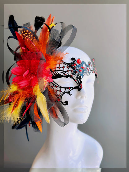 Black Phantom Mask - Scarlet Feathers
