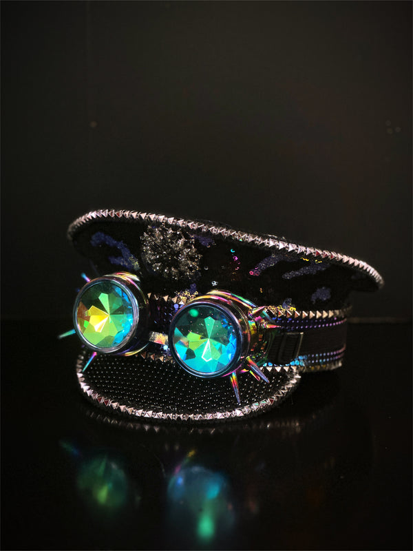 Sequin Captain Hat With Iridescent Spike Goggles Gold  display picture 2