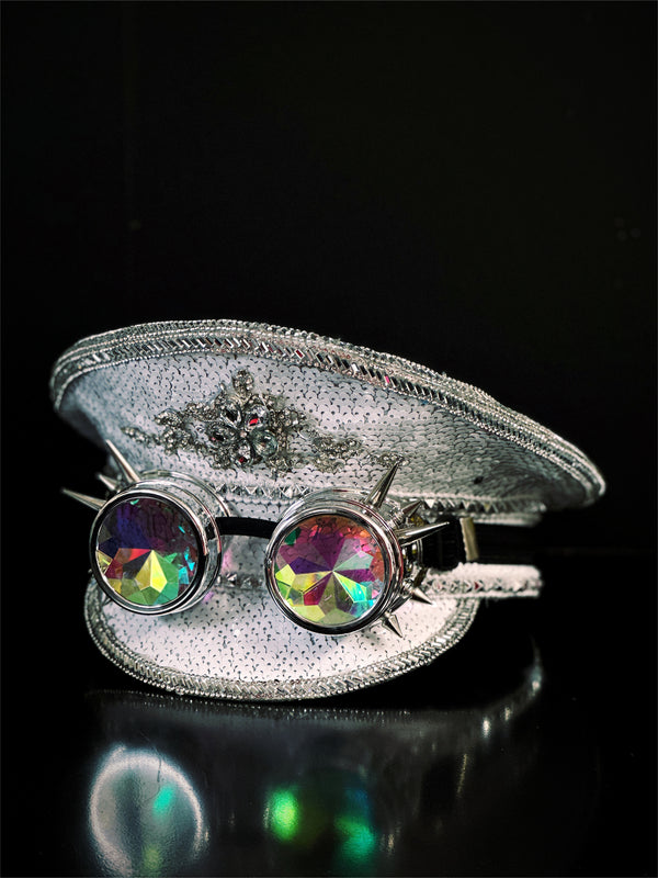 SEQUIN FABRIC CAPTAIN HAT ADJUSTABLE STRAP IRIDESCENT GOLD/ IRIDESCENT SILVER Sequin Captain Hat With Iridescent Spike Goggles Gold  main image 3