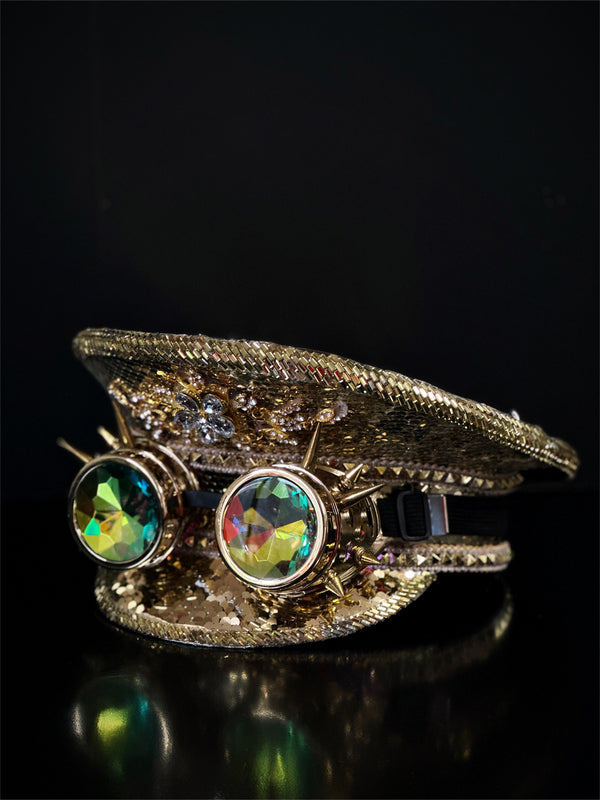 Sequin Captain Hat With Iridescent Spike Goggles Gold 