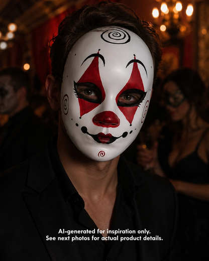 Carnival Doll red and white full-face mask with red diamond eye makeup, black painted details, spiral accents, and theatrical Halloween styling.