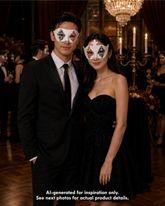 High Stakes Harlequin red black and white casino couples mask set with distressed diamond eye patterns and decorative crest.