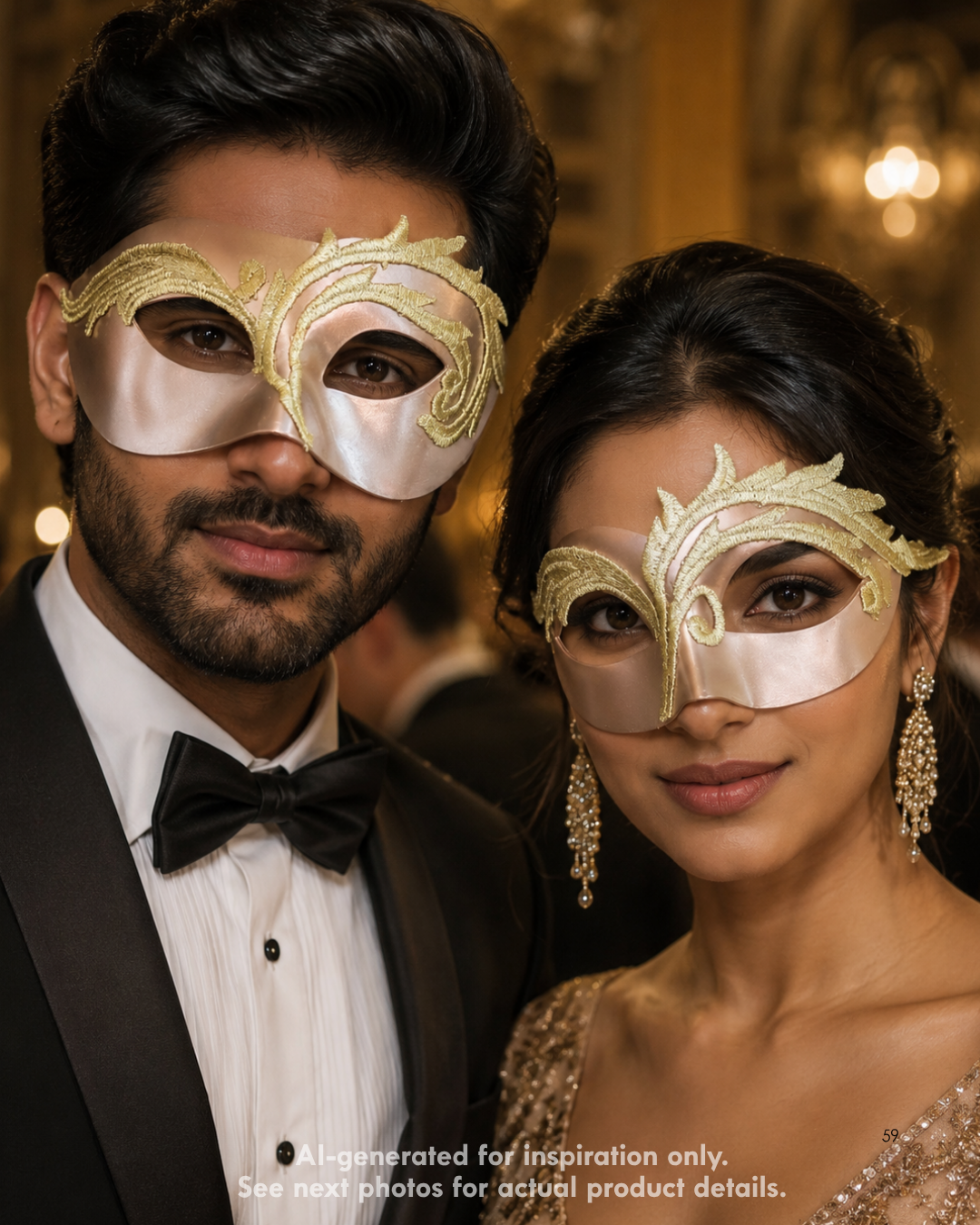 Champagne Arabesque couples mask set with champagne metallic bases, raised gold arabesque embroidery, sculpted eye openings, and elegant formal styling.