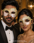 Champagne Arabesque couples mask set with champagne metallic bases, raised gold arabesque embroidery, sculpted eye openings, and elegant formal styling.