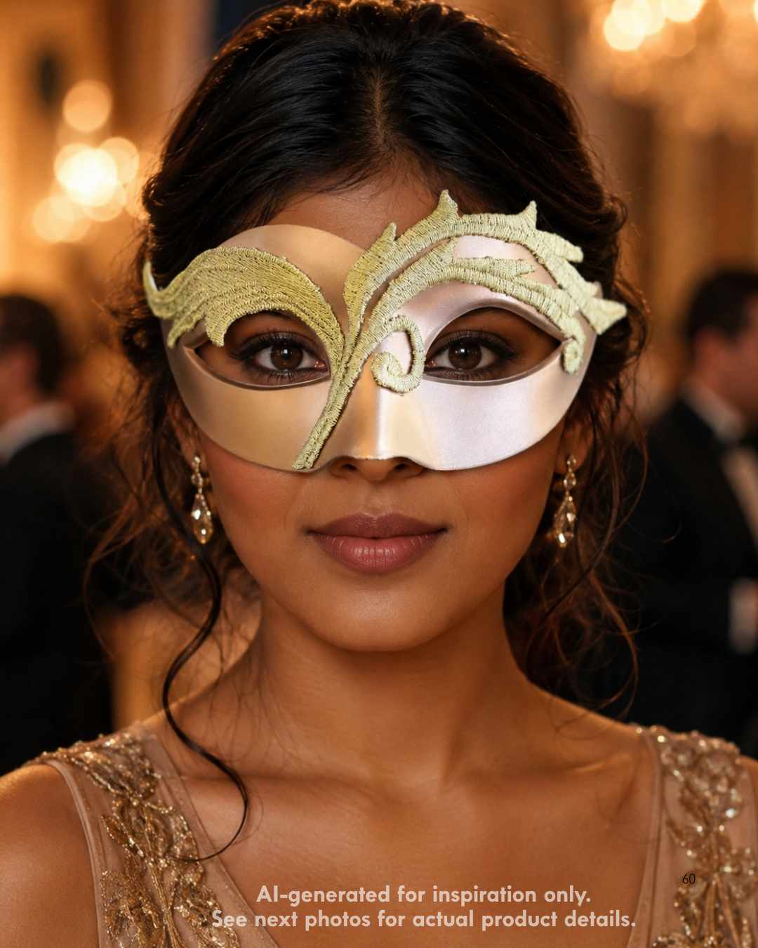 Champagne Laurel Veil masquerade mask with champagne satin base, soft green-gold laurel embroidery, sculpted eye openings, and botanical formal styling.