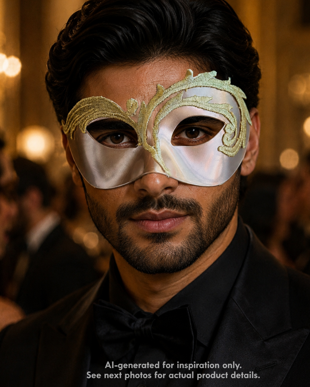 Champagne Verdant Veil masquerade mask with champagne satin base, soft green-gold arabesque embroidery, sculpted eye openings, and botanical formal styling.