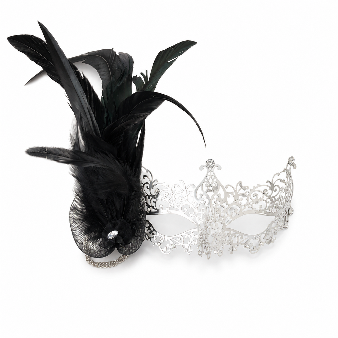 Silver Nocturne Metal Mask - Black Feathers
