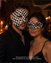 Black and white checkered couples mask set with matching phantom half mask and masquerade eye mask.