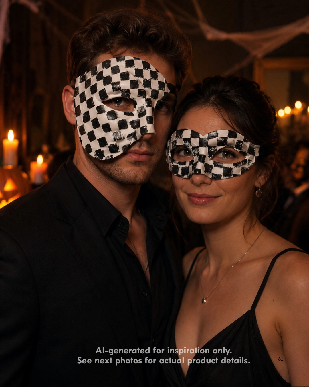 Black and white checkered couples mask set with matching phantom half mask and masquerade eye mask.