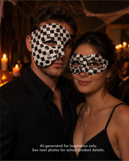 Black and white checkered couples mask set with matching phantom half mask and masquerade eye mask.