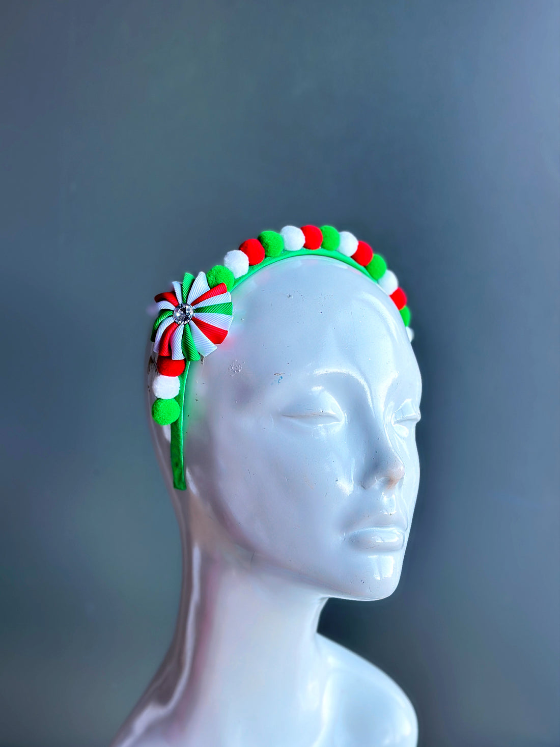 Christmas headband in green, white, and red.