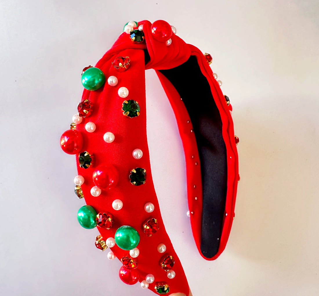 Christmas Jewel Pearl Headband - Red